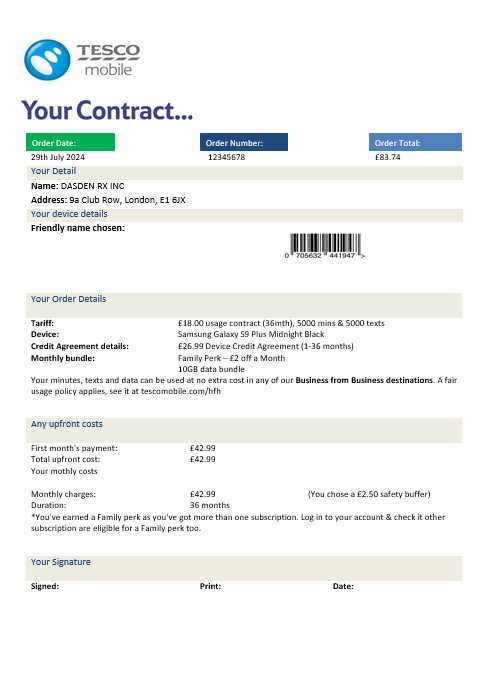 United Kingdom Tesco Mobile business utility bill template in Word and PDF formats
